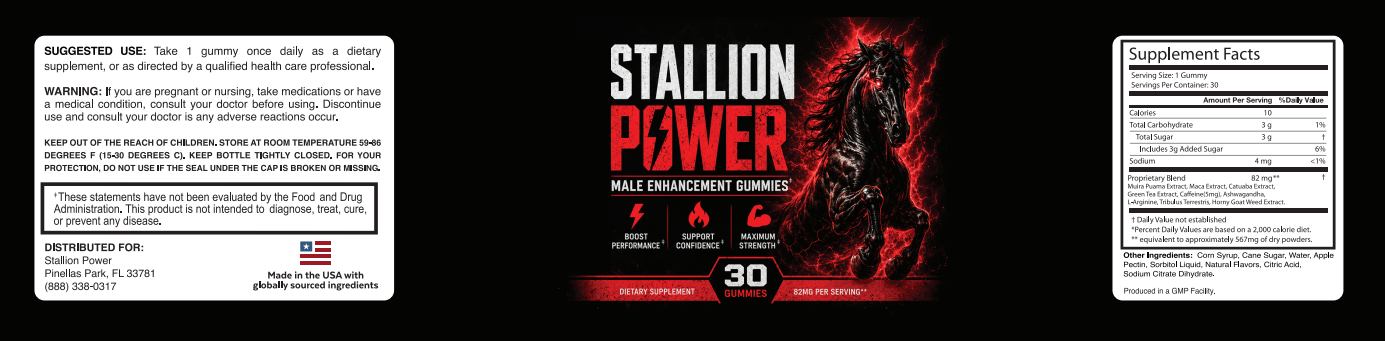 Official Stallion Power Male Enhancement Gummies label — suggested use, warnings and full Supplement Facts panel